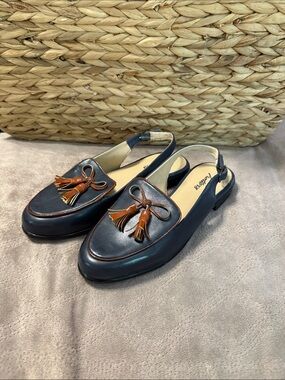 Trotters Navy Leather Slingback Loafers with Brown Tassels